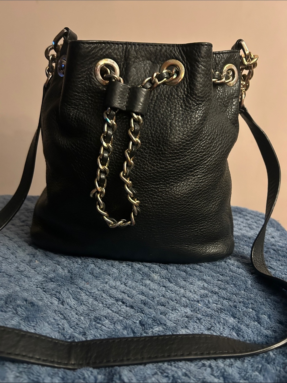 Michael Kors Black Leather Chain-Trim Drawstring Crossbody